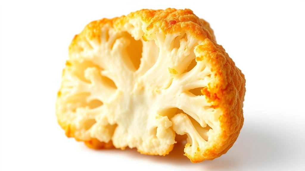 fried cauliflower recipe -
Photorealistic close-up macro shot of single fried cauliflower floret showing c