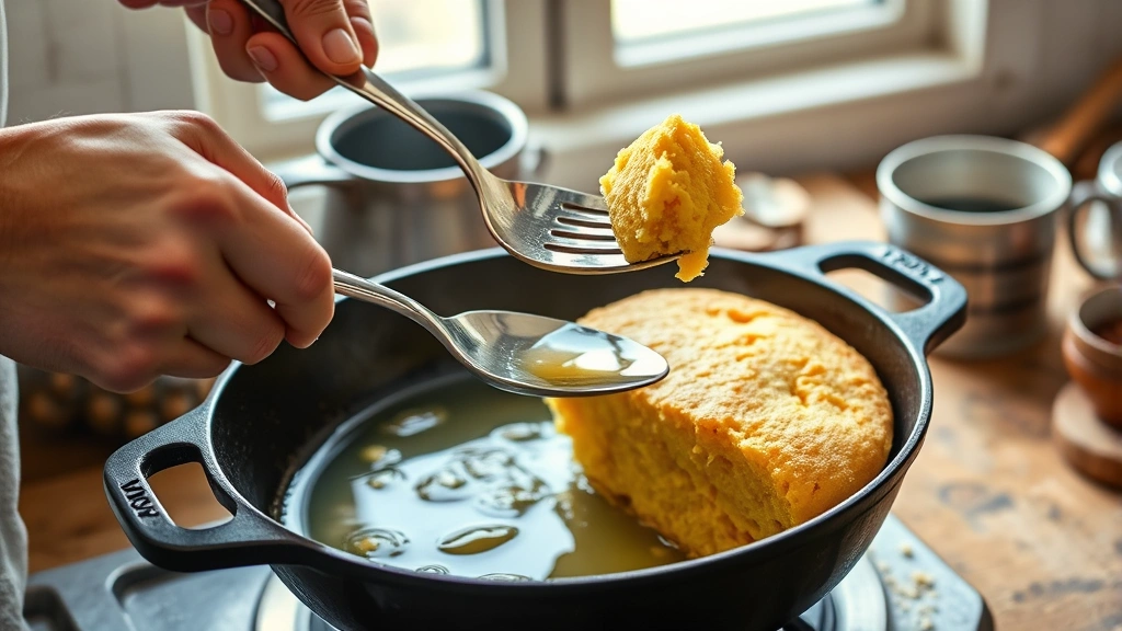 fried cornbread recipe -
Photorealistic hands using slotted spoon to carefully lower golden cornbread in