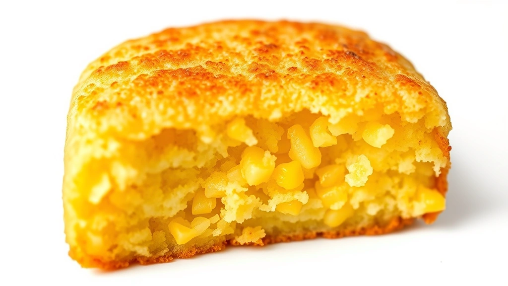 fried cornbread recipe -
Photorealistic close-up macro photography of single fried cornbread piece showi