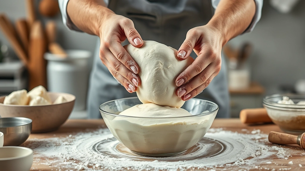 fried dough recipe -
photorealistic hands working, person stretching dough over a bowl with flour du