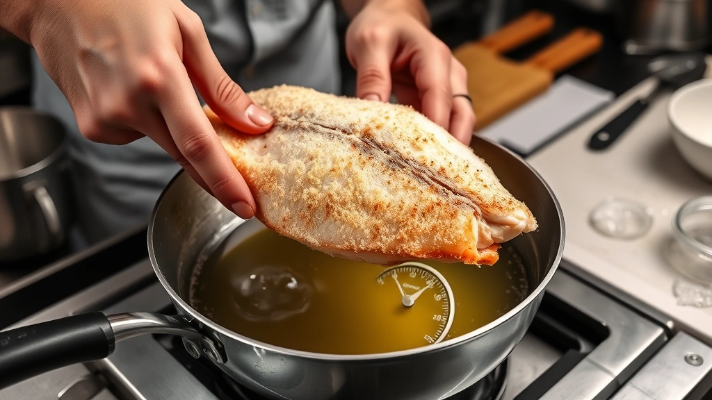 fried flounder recipe -
Photorealistic hands carefully dipping breaded flounder fillet into hot oil in 