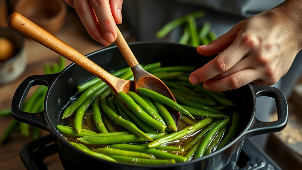 fried green beans recipe -
Photorealistic hands using wooden spoon to stir fresh green beans in hot oil in
