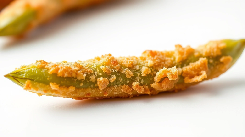 fried green beans recipe -
Photorealistic close-up macro shot of single crispy fried green bean showing go
