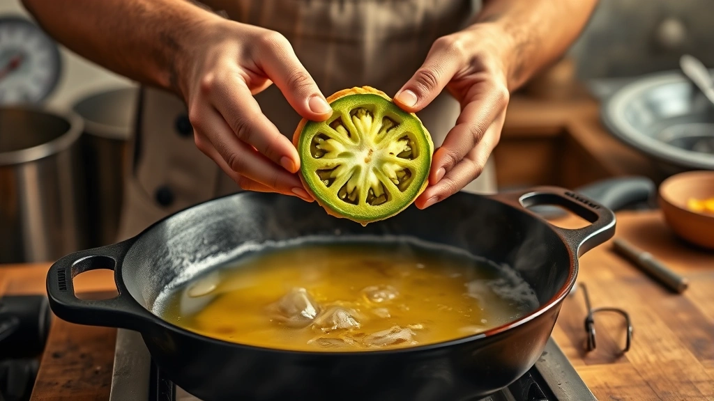 fried green tomato recipe -
photorealistic hands wearing apron carefully dipping breaded green tomato slice