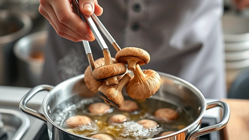 fried mushrooms recipe -
photorealistic hands holding tongs lowering mushrooms into bubbling hot oil in
