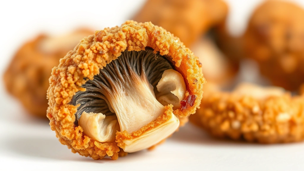 fried mushrooms recipe -
photorealistic close-up macro shot of a single crispy fried mushroom showing go