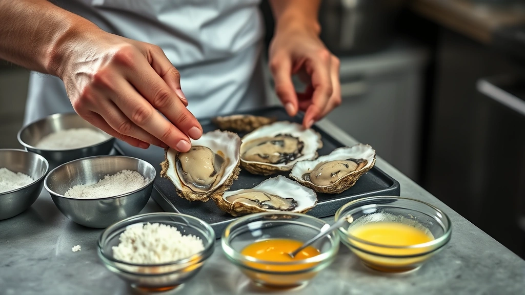 fried oysters recipe -
Photorealistic hands breading fresh oysters at a kitchen counter, three bowls w