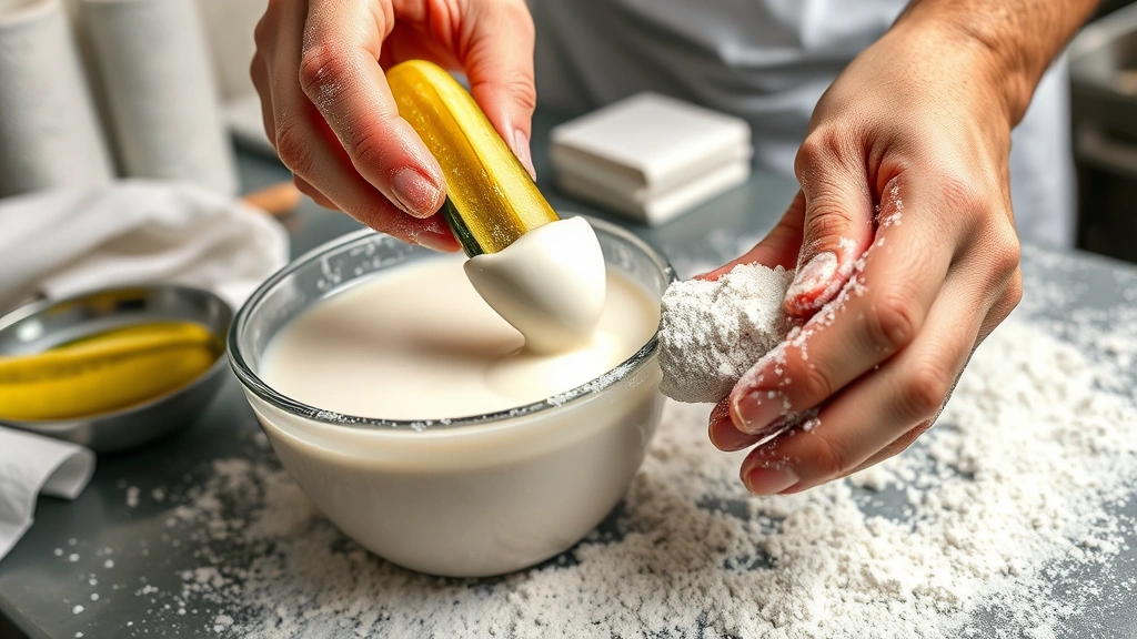 fried pickles recipe -
photorealistic hands dipping pickle spear in buttermilk mixture then rolling in