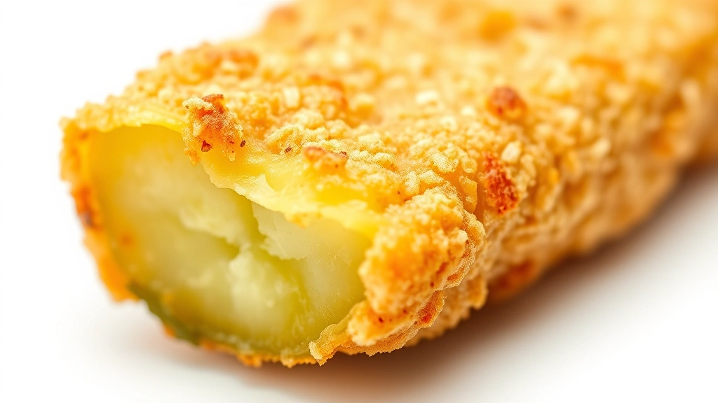 fried pickles recipe -
photorealistic close-up macro shot of single fried pickle spear showing crispy 