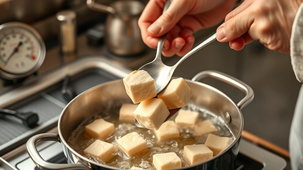 fried tofu recipe -
photorealistic hands using slotted spoon to carefully place pressed tofu cubes 