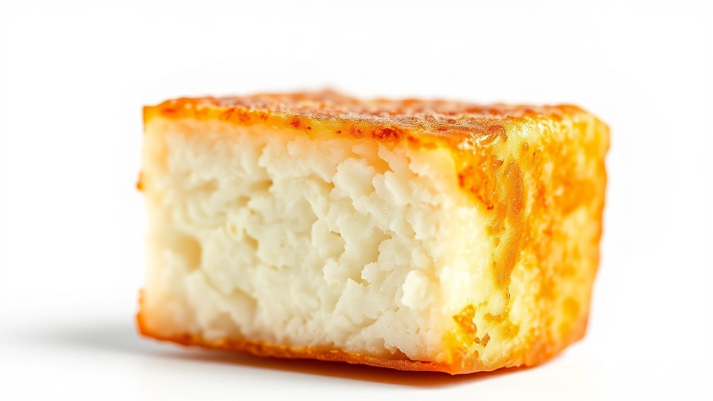 fried tofu recipe -
photorealistic close-up macro shot of single fried tofu cube showing crispy gol