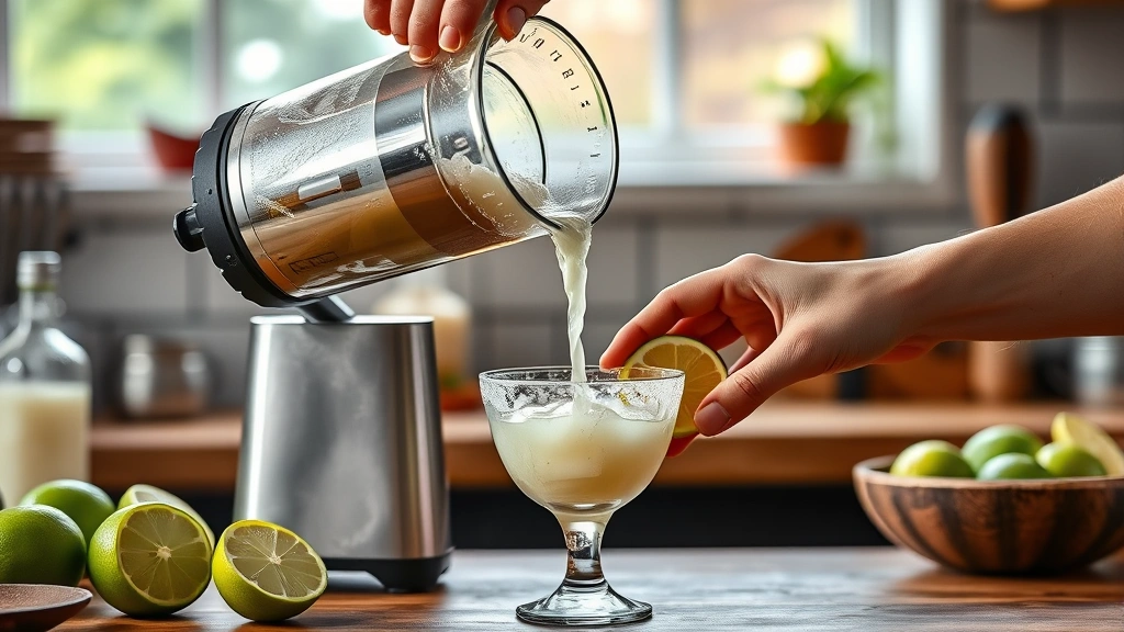 frozen drink recipes -
Photorealistic hands pouring blended frozen margarita from a stainless steel bl