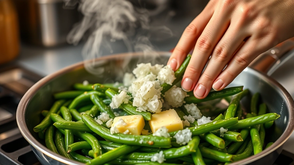 frozen green bean recipes -
Photorealistic close-up of hands tossing frozen green beans in a hot stainless 