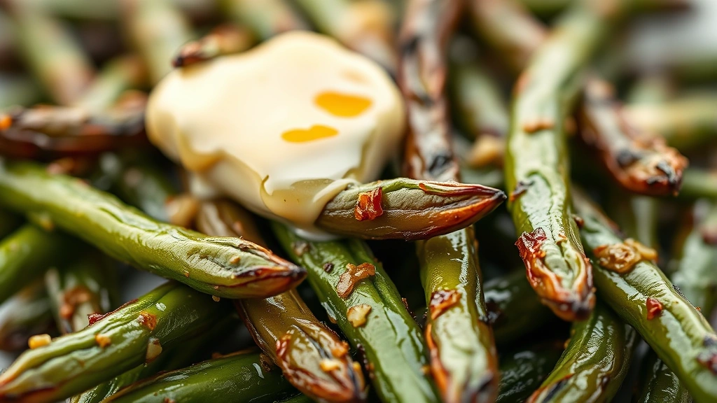 frozen green bean recipes -
Photorealistic macro close-up of roasted green beans with crispy charred edges 