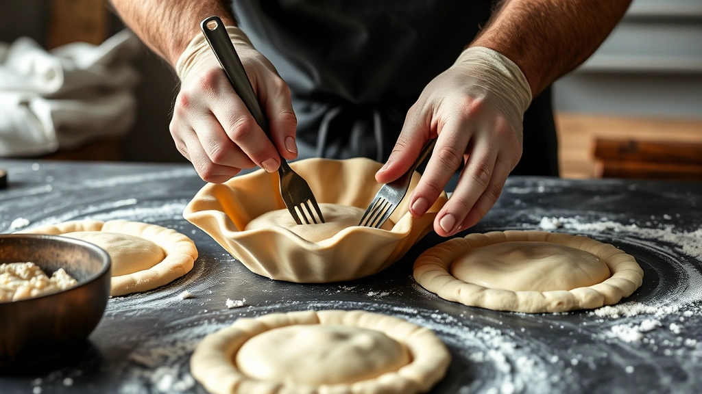 frying saucer recipe -
photorealistic hands sealing flying saucer dough edges with fork, workshop kitc