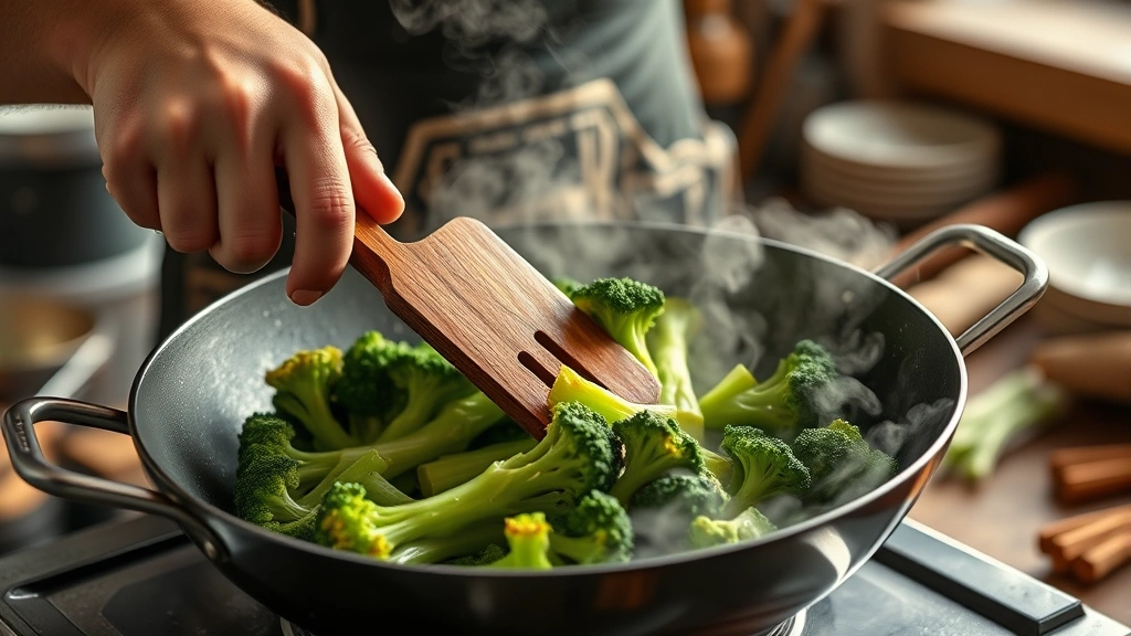 gai lan chinese broccoli recipe -
Photorealistic hands using wooden spatula in hot wok with gai lan Chinese brocc