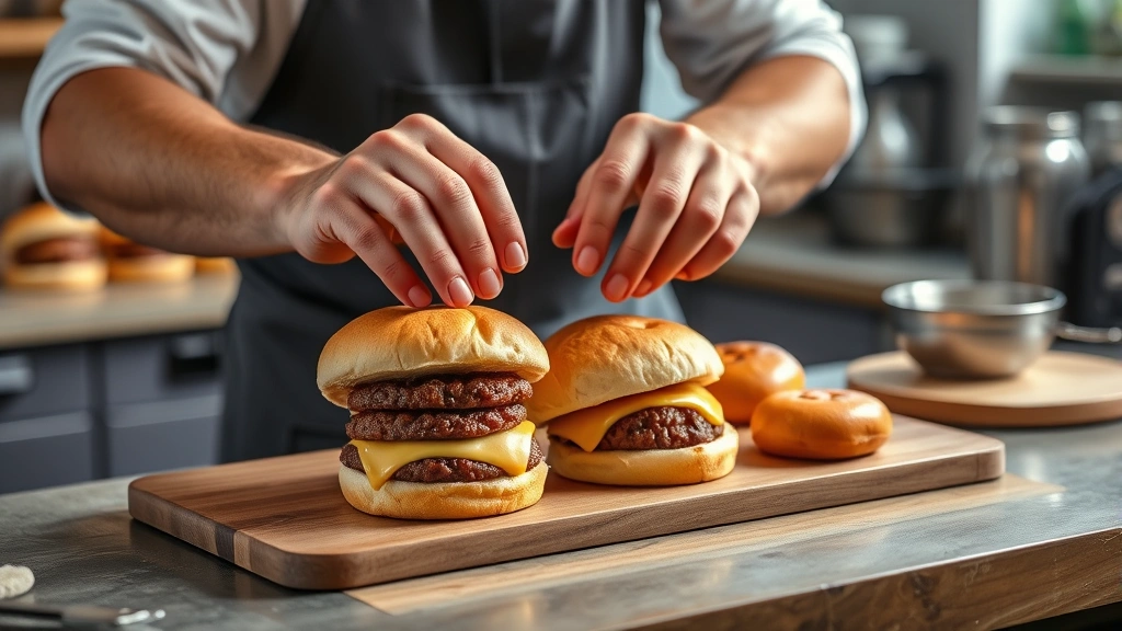 game day recipes -
photorealistic hands assembling sliders on a kitchen counter, showing patty pla