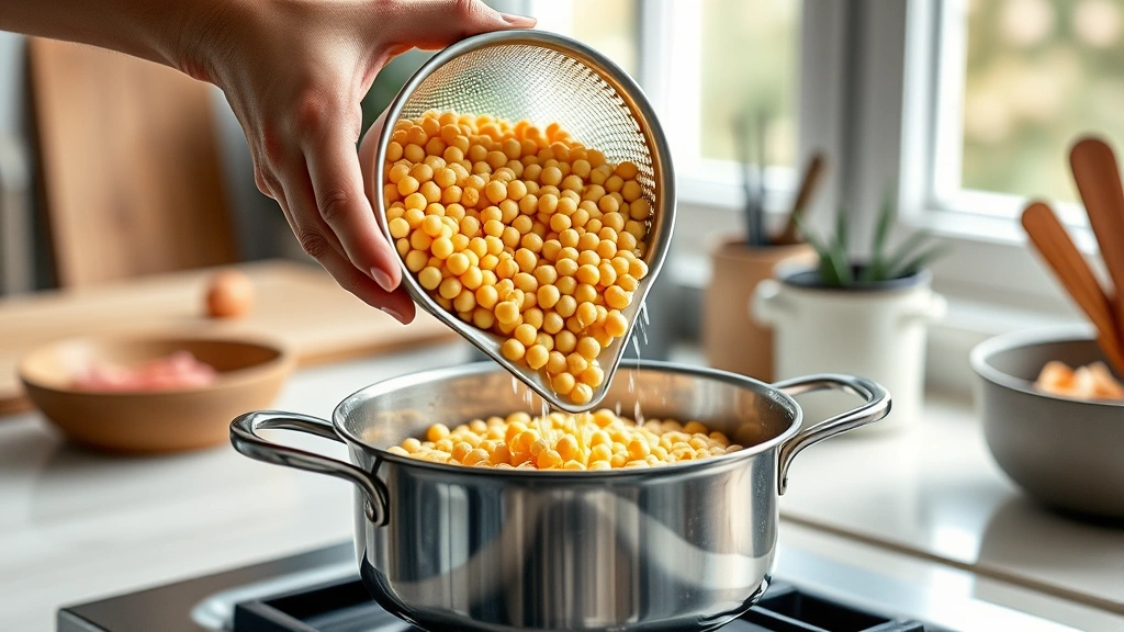garbanzo beans recipe -
Photorealistic hands pouring rinsed garbanzo beans from a colander into a stain