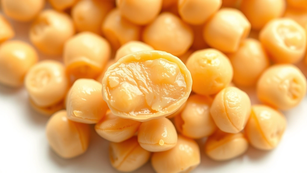 garbanzo beans recipe -
Photorealistic macro close-up of individual cooked garbanzo beans showing cream