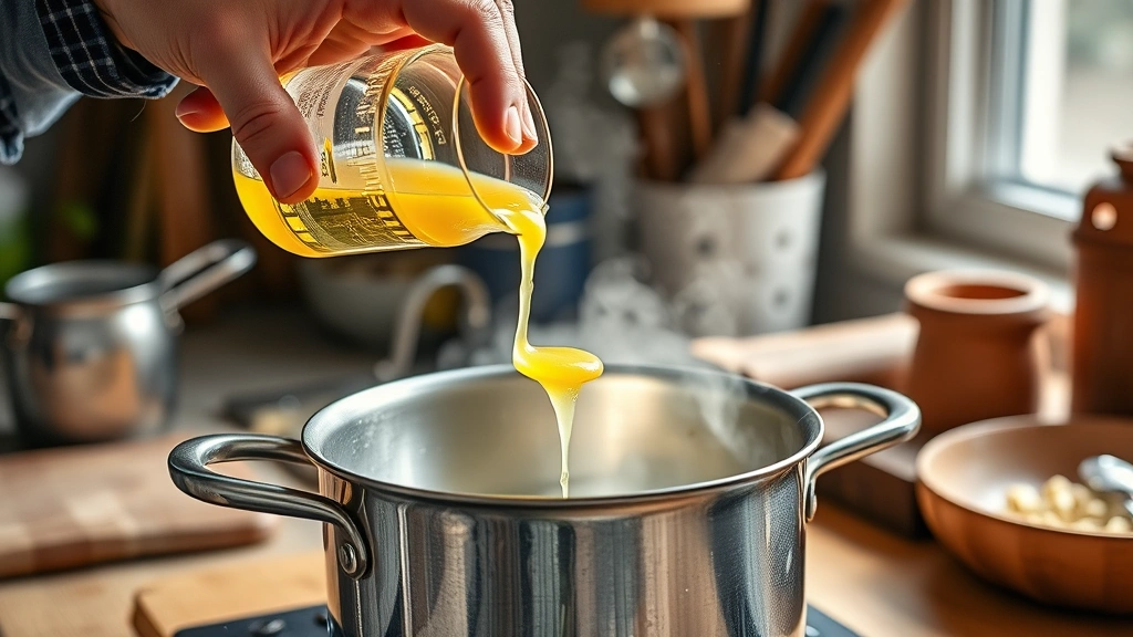 garlic butter sauce recipe -
photorealistic hands pouring melted butter into saucepan with minced garlic, me