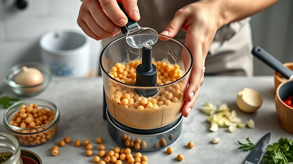 garlic hummus recipe no tahini -
Photorealistic hands using food processor to blend chickpeas and garlic for hum