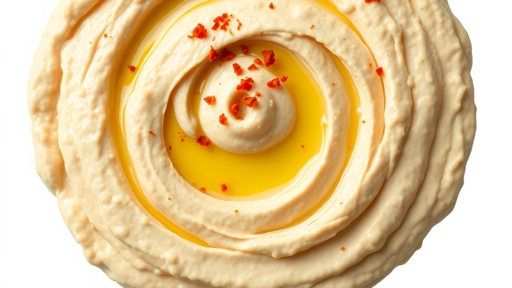 garlic hummus recipe no tahini -
Photorealistic close-up macro photography of creamy hummus texture with olive o