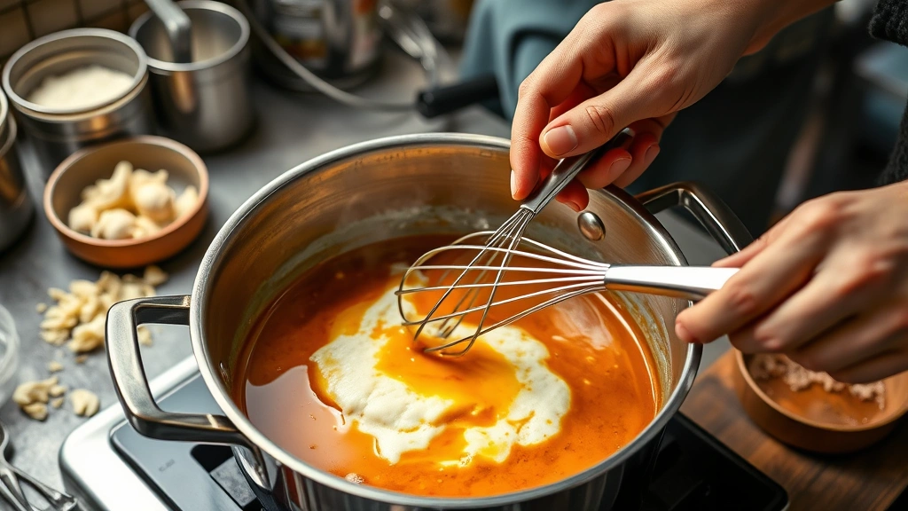 general gau's sauce recipe -
Photorealistic hands whisking cornstarch slurry into simmering sauce in stainle