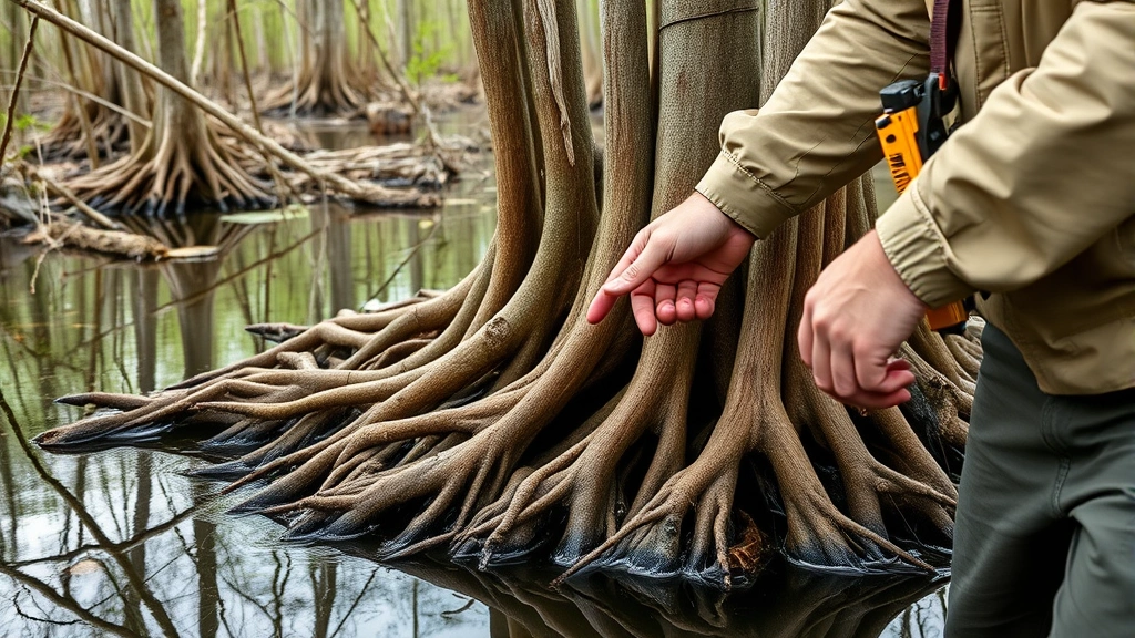 georgia is home to how many swamps -
Photorealistic hands of a nature guide pointing to cypress tree roots in swamp 