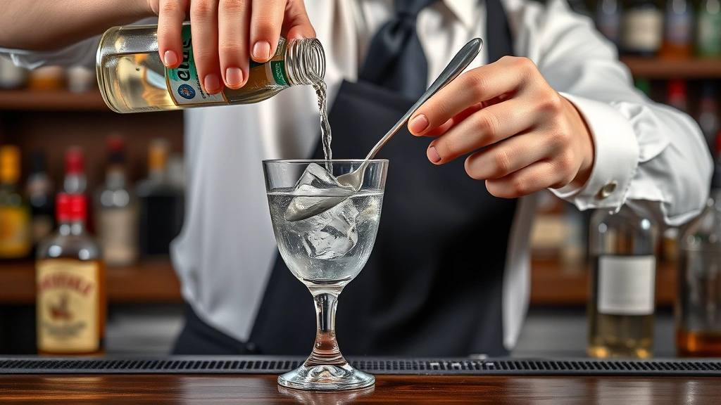 gin drink recipes -
Photorealistic hands of bartender pouring gin into a mixing glass with ice, sti