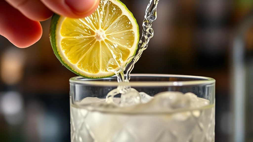 gin drink recipes -
Photorealistic close-up macro photography of fresh lime being twisted over a gi