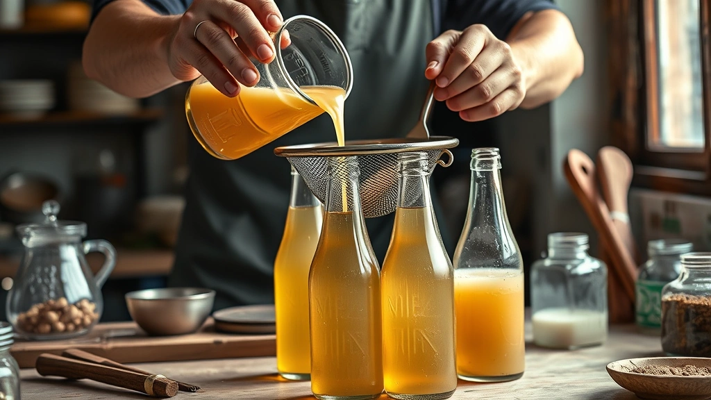 ginger beer recipe -
photorealistic hands pouring fermented ginger beer mixture through fine mesh st