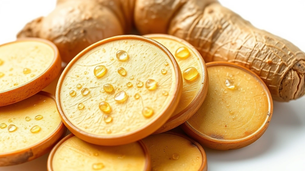 ginger beer recipe -
photorealistic close-up macro photography of fresh sliced ginger root coins and