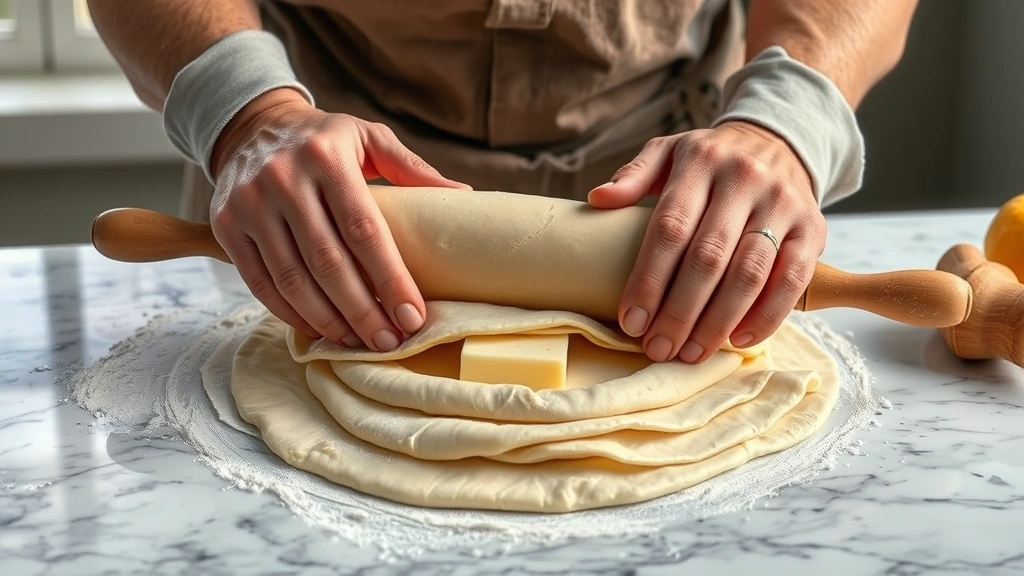 gipfeli recipe -
Photorealistic hands folding laminated dough for gipfeli, rolling pin in action
