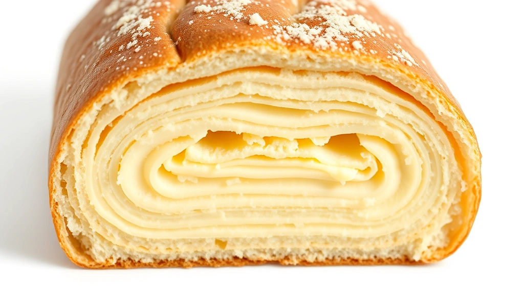 gipfeli recipe -
Photorealistic macro close-up of gipfeli cross-section showing distinct butter