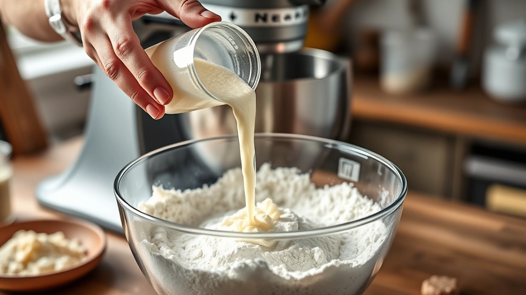 gluten free bread recipe -
Photorealistic hands pouring activated yeast mixture into gluten-free flour ble