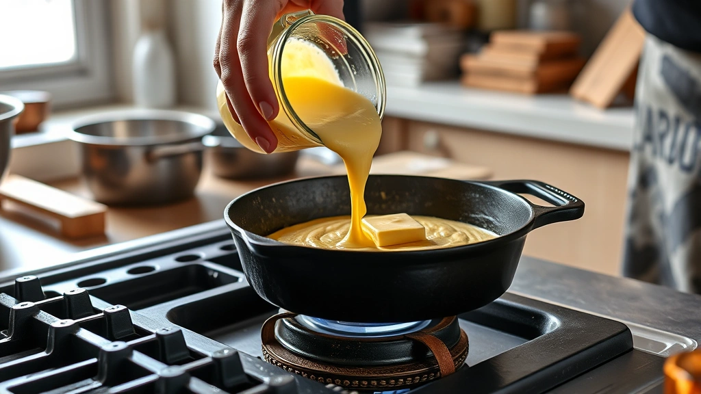 gluten free cornbread recipe -
Photorealistic hands pouring cornbread batter into hot cast iron skillet with m