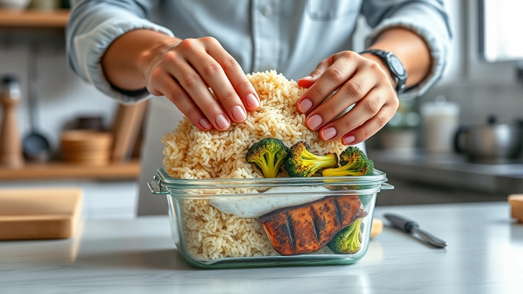 gluten free dairy free recipes -
Photorealistic hands carefully layering ingredients into a glass meal prep cont