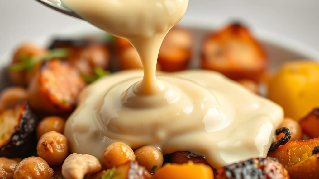 gluten free dairy free recipes -
Photorealistic close-up macro shot of creamy cashew cheese sauce being drizzled