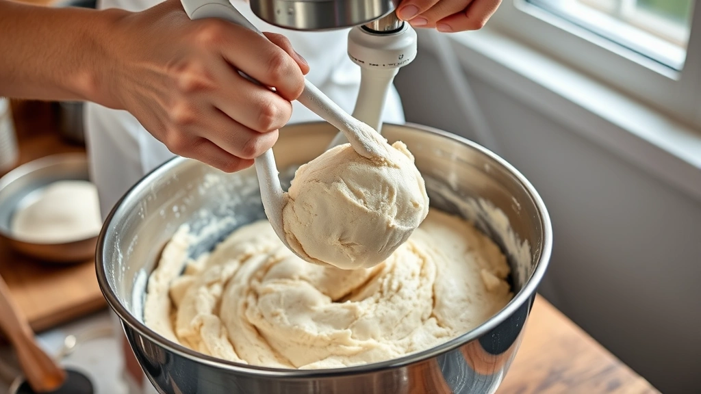 gluten free dinner rolls recipe -
Photorealistic close-up of hands using an electric mixer paddle to beat thick g