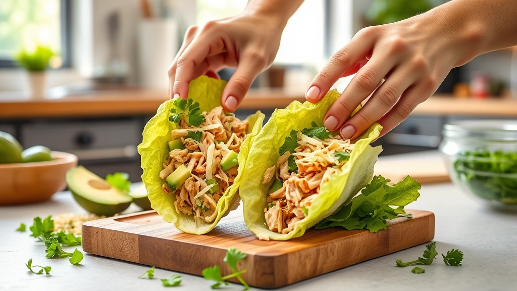 gluten free lunch recipes -
Photorealistic hands assembling lettuce wraps with pulled chicken, avocado, shr