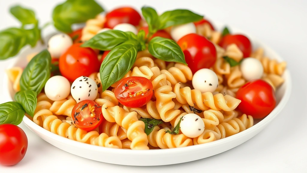 gluten free lunch recipes -
Photorealistic close-up macro shot of a fresh gluten-free pasta salad with chic