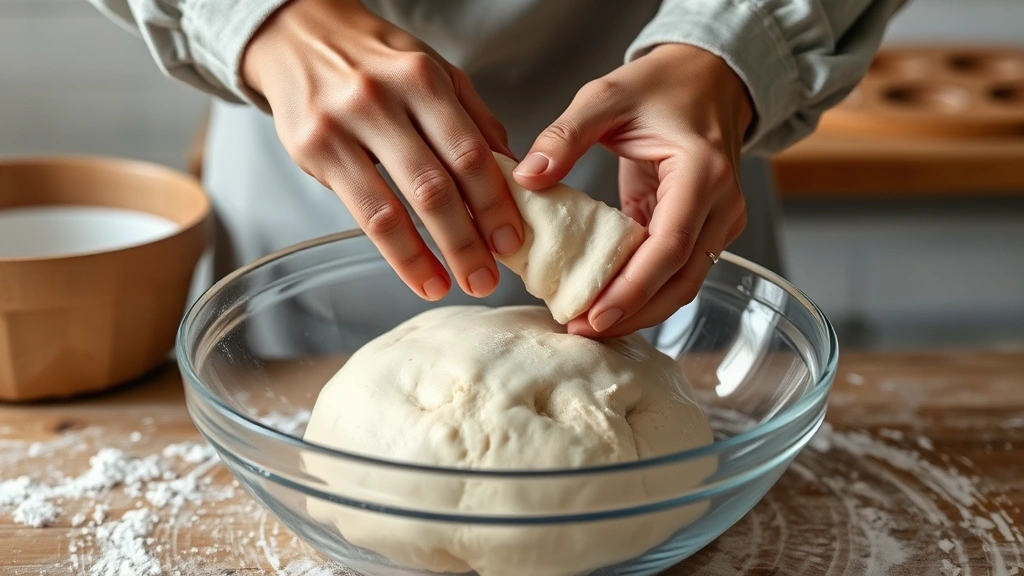 gluten free sourdough bread recipe -
photorealistic hands performing stretch and fold technique on gluten-free sourd