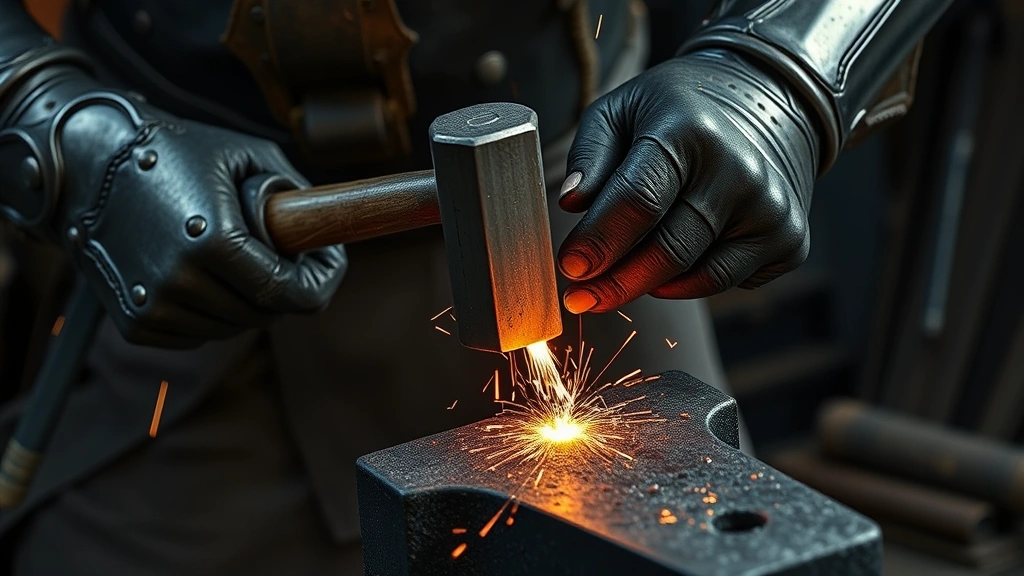 gobber how to train your dragon -
Photorealistic hands working at anvil with hammer striking hot metal, sparks fl