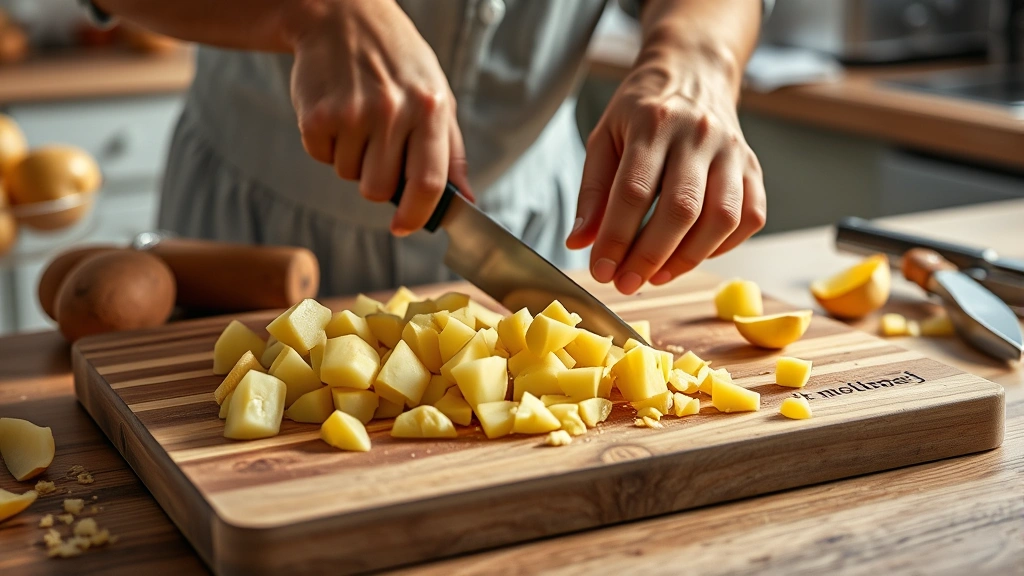 gold potato recipes -
Photorealistic hands actively dicing gold potatoes on a wooden cutting board wi