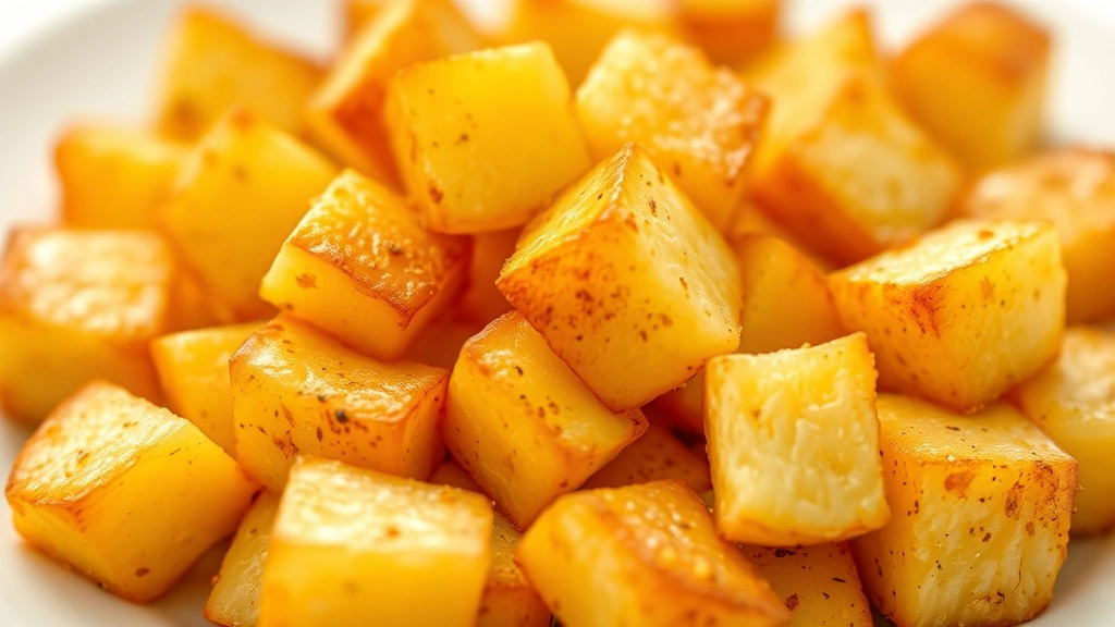 gold potato recipes -
Photorealistic macro close-up of perfectly cooked gold potato cubes with crispy