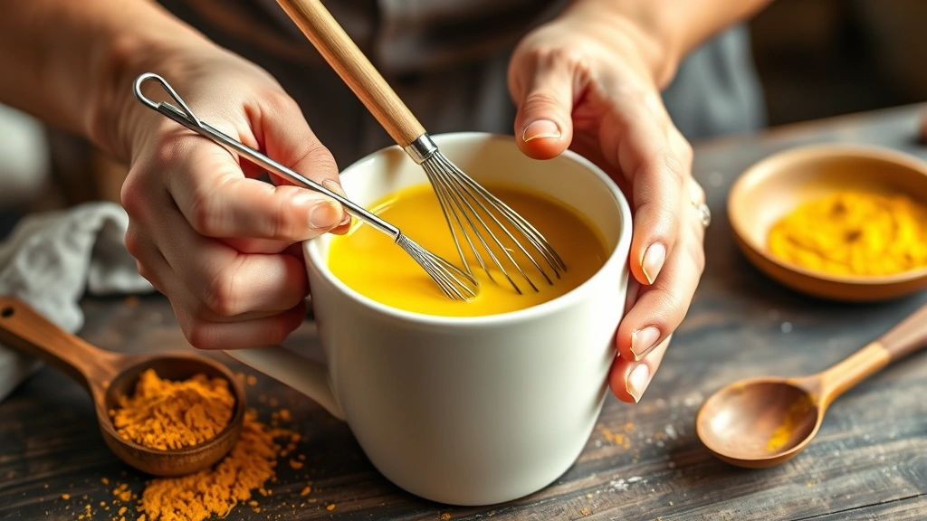 golden milk recipe -
Photorealistic hands whisking golden milk in a white ceramic mug with a small w