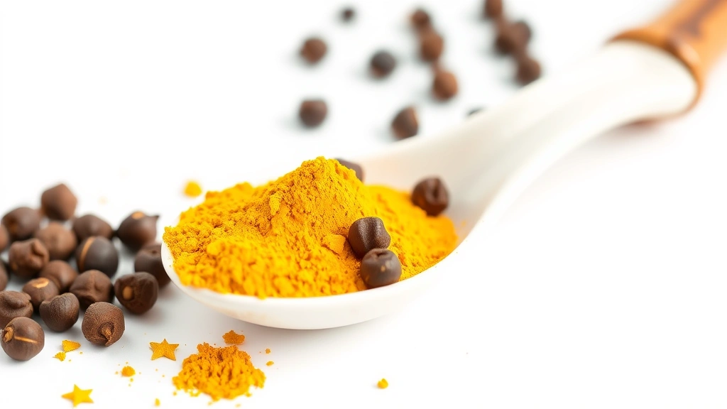 golden milk recipe -
Photorealistic close-up of turmeric powder and black peppercorns on a white cer