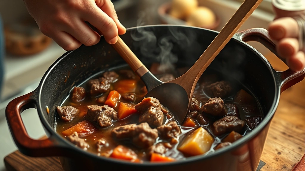grandma approved dinner recipes -
Photorealistic close-up of hands stirring a rich beef stew in a cast iron Dutch