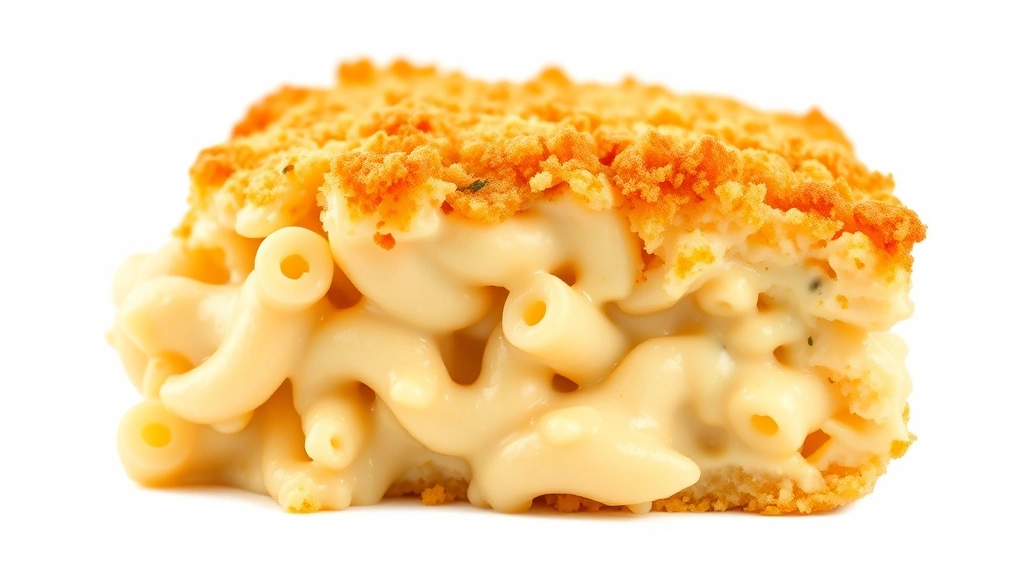 grandma approved dinner recipes -
Photorealistic macro shot of a slice of baked mac and cheese showing creamy che