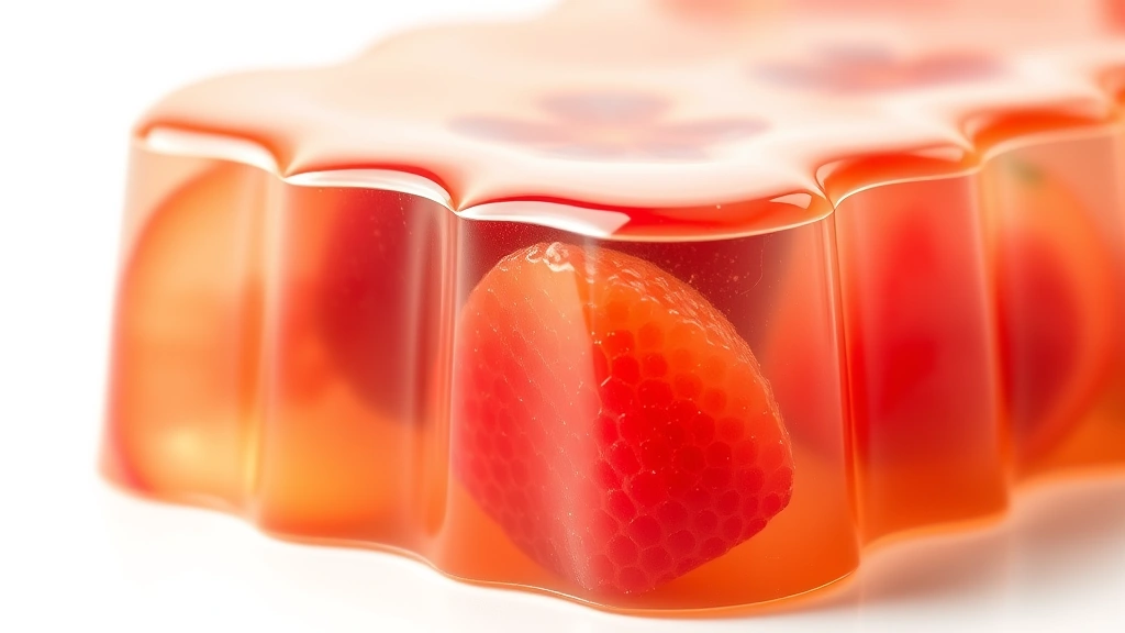 grandma favorite no-cook recipes -
Photorealistic close-up macro shot of a gelatin mold with visible fruit suspend